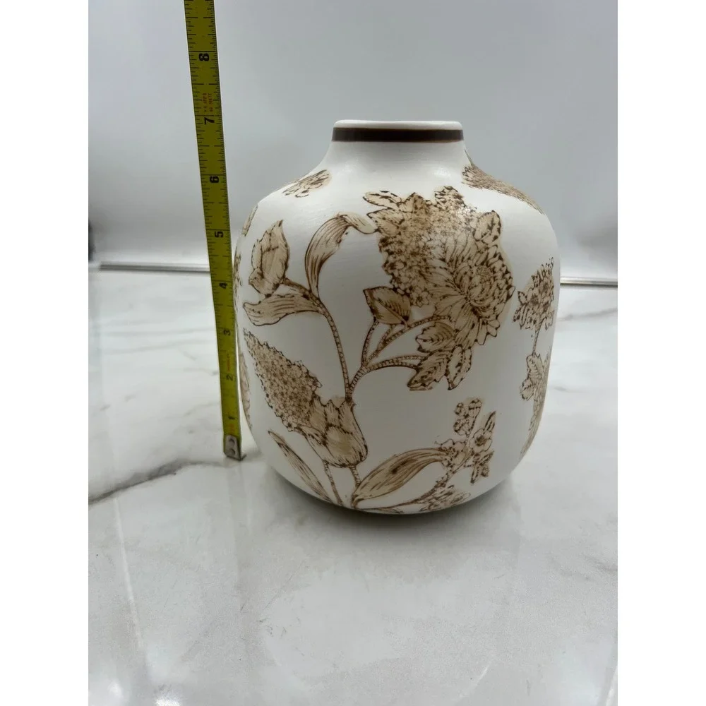 Vintage Style Ceramic Floral Bud Vase White and Brown Botanical Sketch 6.5 Inch